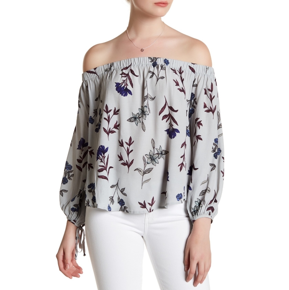 Astr Top Floral Off the Shoulder Gray Tie Sleeves Boho Spring Summer Coquette
